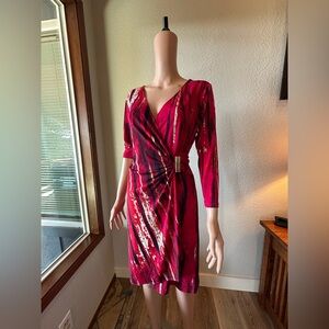 Calvin Klein Vibrant multi-tonal Red Long Sleeve, metallic waist Dress